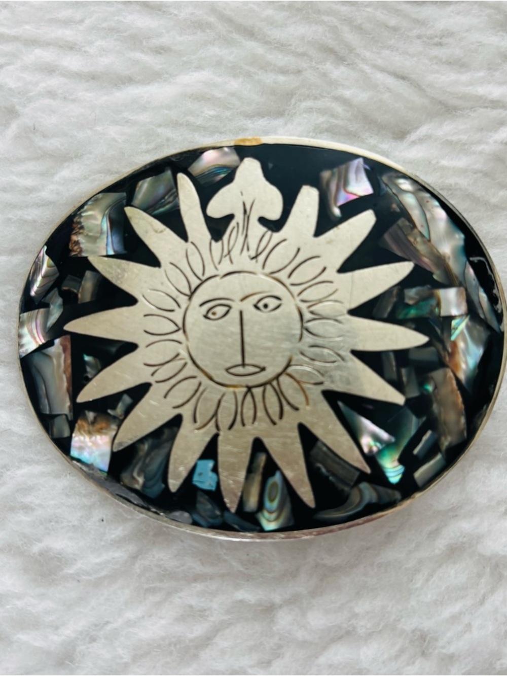 Alpaca Mexico Vintage Sun Face Abalone Inlay Belt Buckle - Black & Iridescent
